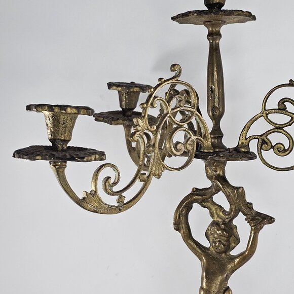 Antique Victorian Cherub Candelabra Brass Cast Metal 3 Arms Candle Holder - Picture 5 of 12